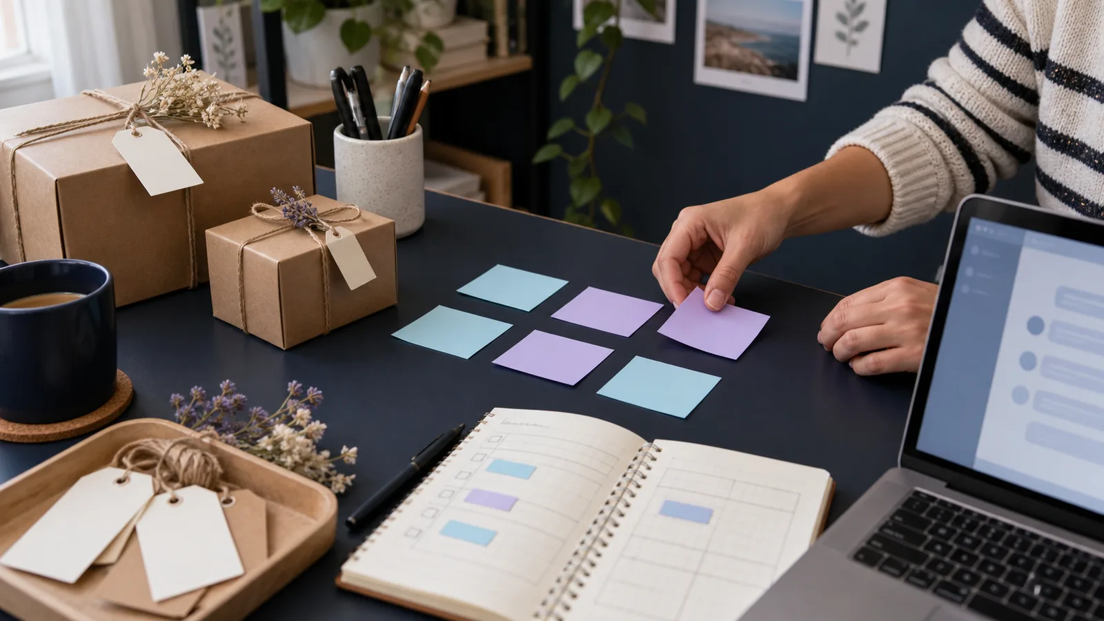 Manos ordenando notas junto a una agenda, un portátil y cajas de regalo en una mesa de trabajo.